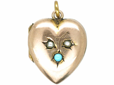 Edwardian 9ct Gold Back & Front Heart Shaped Locket set with Turquoise & Natural Split Pearls
