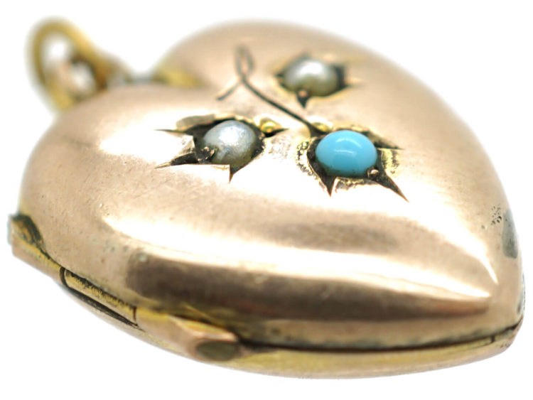 Edwardian 9ct Gold Back & Front Heart Shaped Locket set with Turquoise & Natural Split Pearls