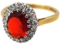 18ct Gold Fire Opal & Diamond Oval Cluster Ring