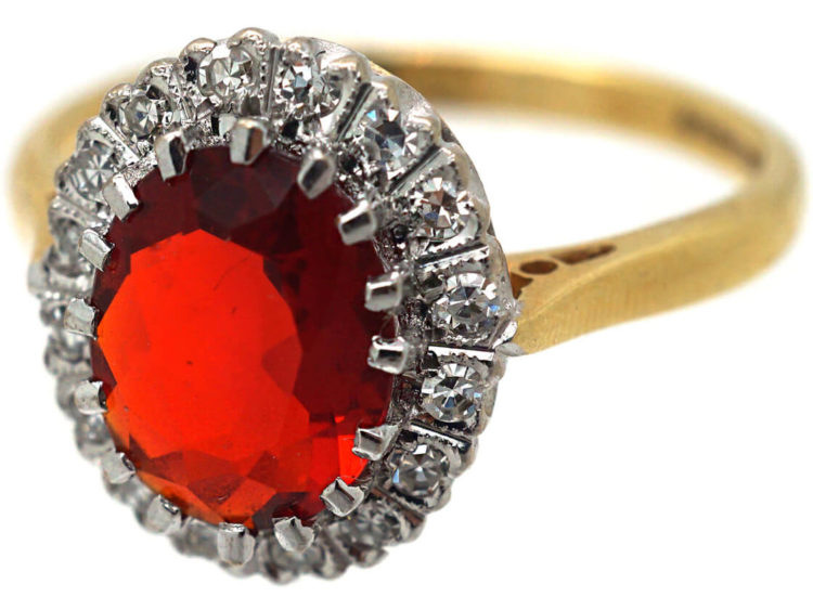 18ct Gold Fire Opal & Diamond Oval Cluster Ring