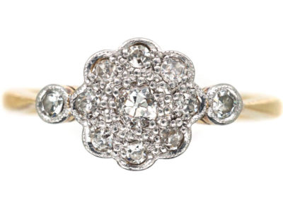 Edwardian 18ct Gold & Platinum Diamond Cluster Ring with Diamond Set Shoulders
