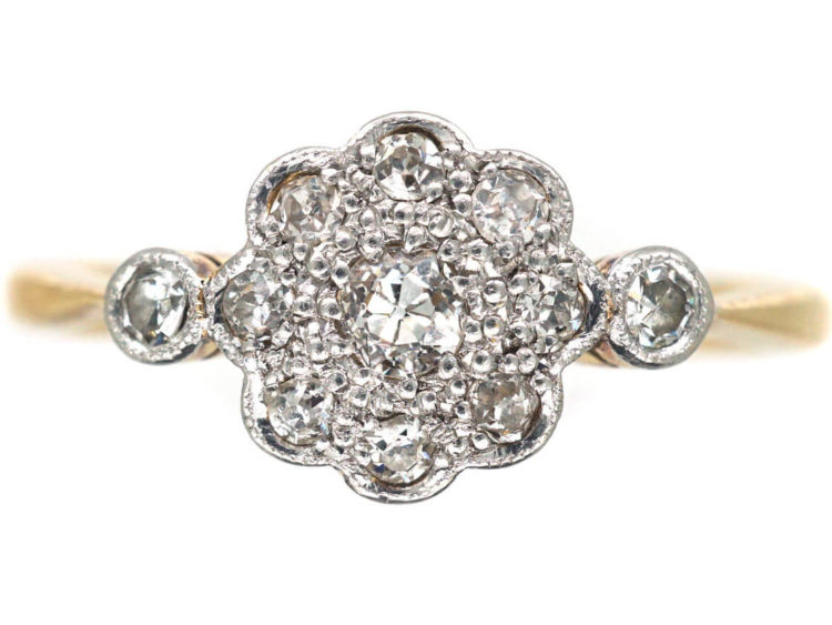 Edwardian 18ct Gold & Platinum Diamond Cluster Ring with Diamond Set Shoulders