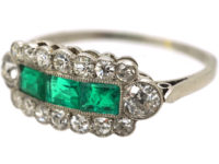 Art Deco Platinum Three Stone Emerald & Diamond Ring