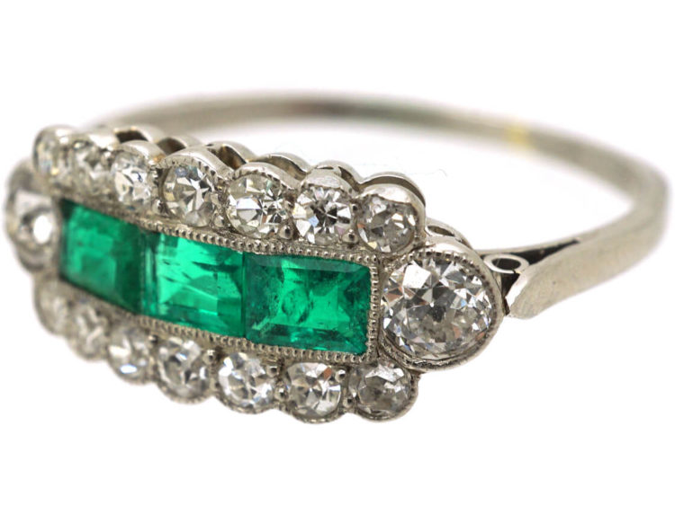 Art Deco Platinum Three Stone Emerald & Diamond Ring