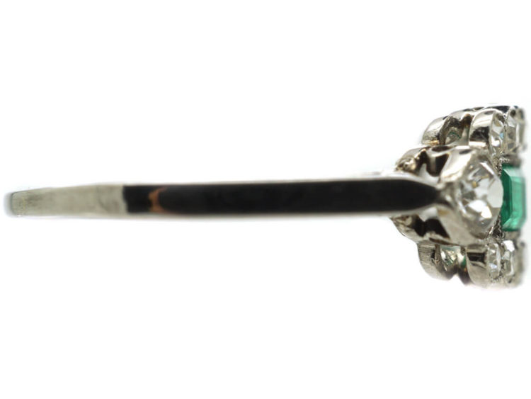 Art Deco Platinum Three Stone Emerald & Diamond Ring