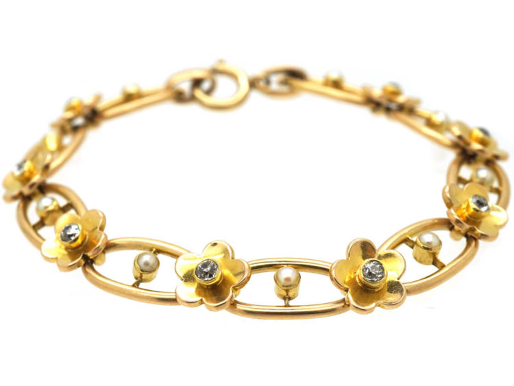 Edwardian 18ct Gold, Diamond & Natural Split Pearl Bracelet