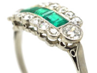 Art Deco Platinum Three Stone Emerald & Diamond Ring