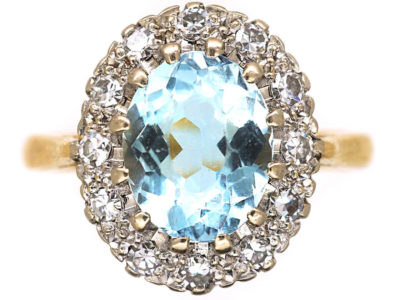 18ct Gold Aquamarine & Diamond Oval Cluster Ring