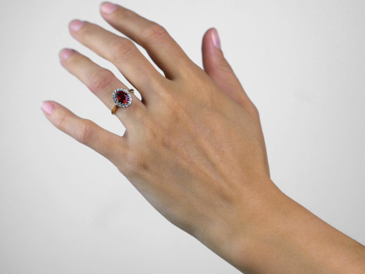 18ct Gold Fire Opal & Diamond Oval Cluster Ring