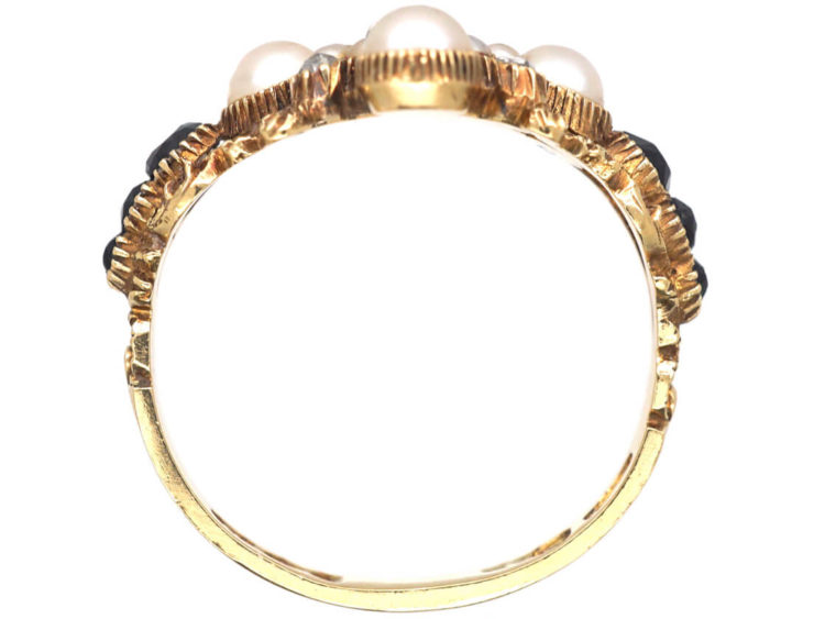 Georgian 18ct Gold, Diamond, Natural Split Pearl & Vauxhall Glass Ring