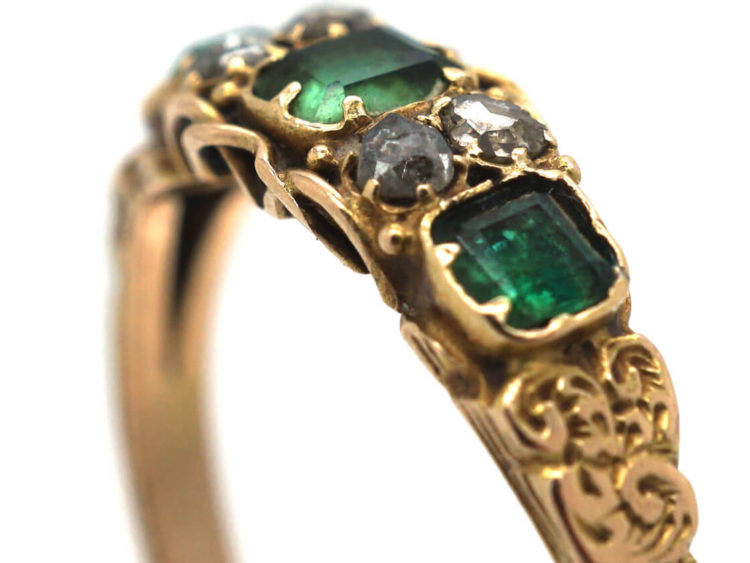 Regency 15ct Gold Three Stone Emerald & Rose Diamond Ring