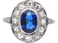 Art Deco Platinum, Sapphire & Diamond Oval Cluster Ring