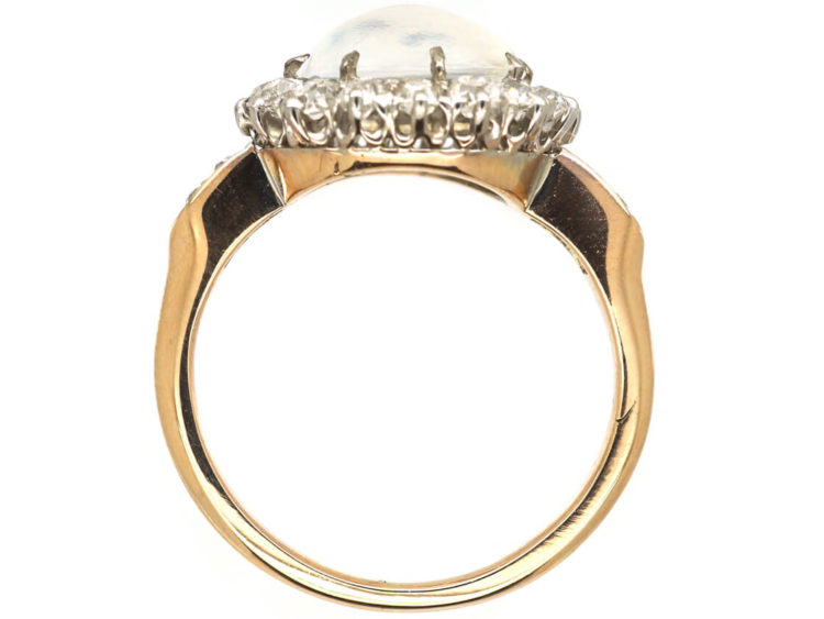 Edwardian 18ct Gold, Cabochon Moonstone & Diamond Cluster Ring with Diamond Set Shoulders