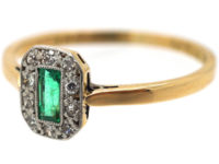 Art Deco 18ct Gold & Platinum Emerald & Diamond Rectangular Ring