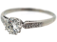 Art Deco Platinum Diamond Solitaire Ring with Diamond Set Shoulders