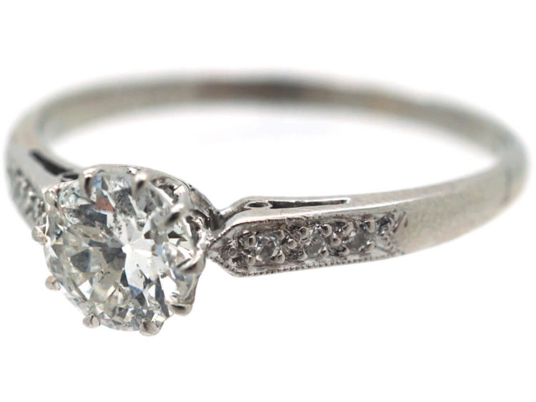 Art Deco Platinum Diamond Solitaire Ring with Diamond Set Shoulders