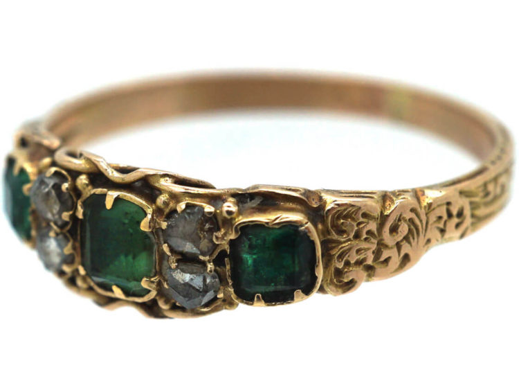 Regency 15ct Gold Three Stone Emerald & Rose Diamond Ring
