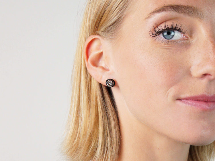 Art Deco 18ct Gold & Silver, Diamond Cluster Earrings with Black Enamel Surround