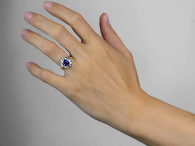 Art Deco Platinum, Sapphire & Diamond Oval Cluster Ring