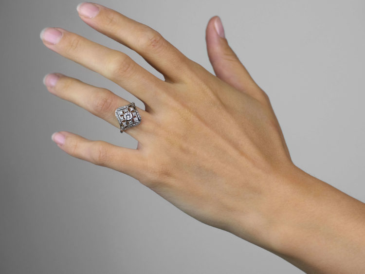 Art Deco French Platinum & Diamond Pierced Work Cluster Ring