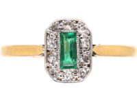 Art Deco 18ct Gold & Platinum Emerald & Diamond Rectangular Ring