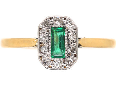 Art Deco 18ct Gold & Platinum Emerald & Diamond Rectangular Ring