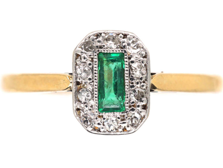 Art Deco 18ct Gold & Platinum Emerald & Diamond Rectangular Ring