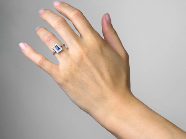 Art Deco 18ct & Platinum, Sapphire & Diamond Rectangular Ring with Diamond Set Shoulders