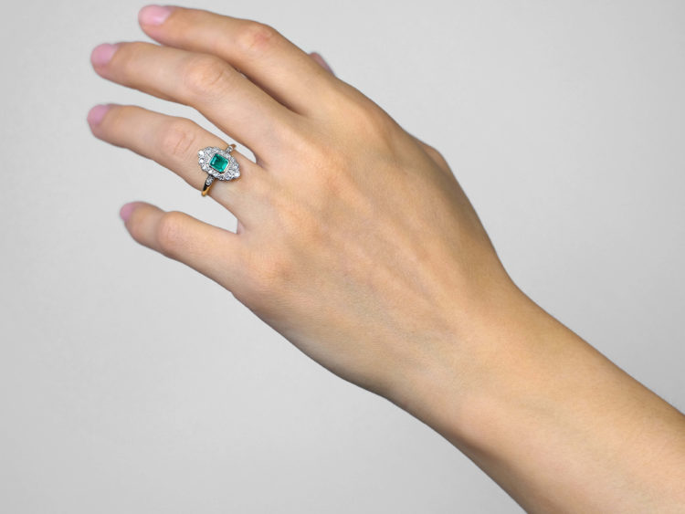 Art Deco 18ct Gold & Platinum, Emerald & Diamond Ring