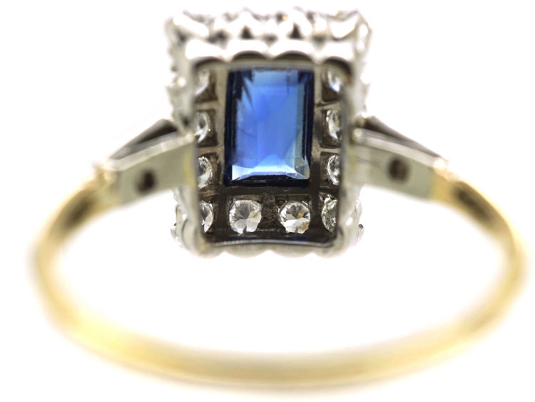 Art Deco 18ct & Platinum, Sapphire & Diamond Rectangular Ring with Diamond Set Shoulders