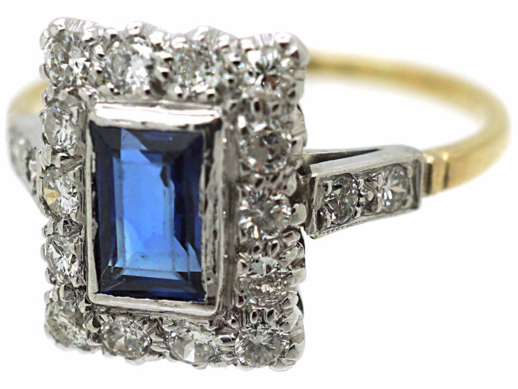 Art Deco 18ct & Platinum, Sapphire & Diamond Rectangular Ring with Diamond Set Shoulders