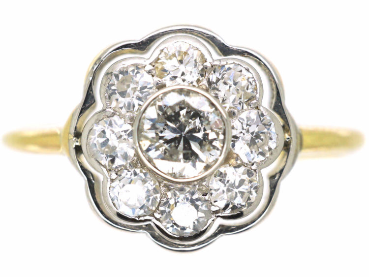 Edwardian 18ct Gold & Platinum Diamond Daisy Cluster Ring