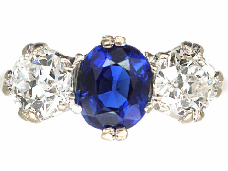 18ct White Gold & Platinum, Three Stone Sapphire & Diamond Ring