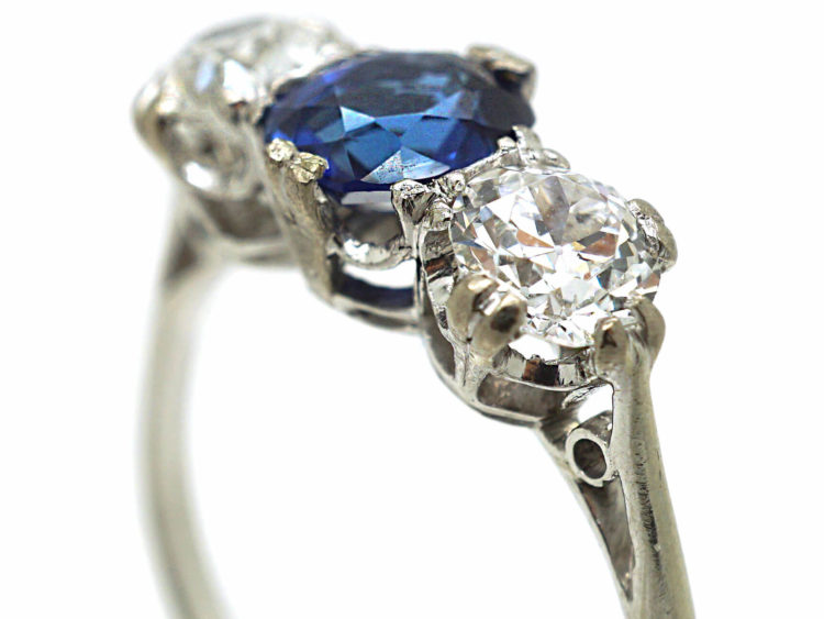 18ct White Gold & Platinum, Three Stone Sapphire & Diamond Ring