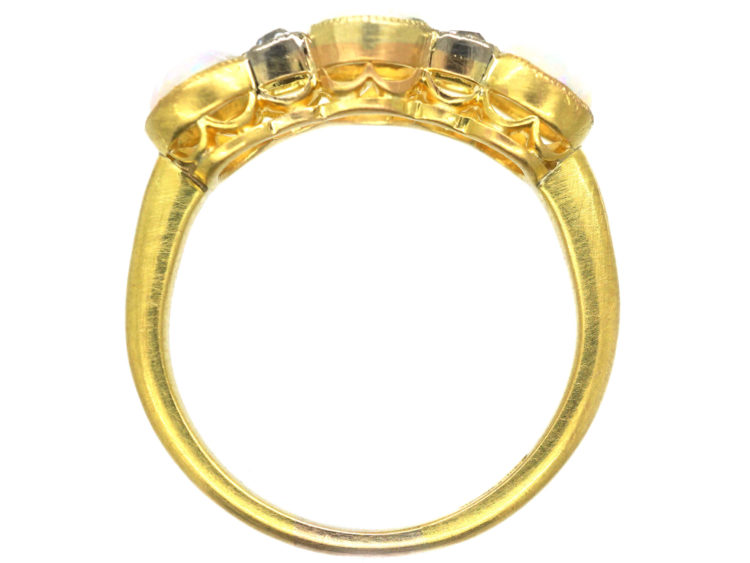 Edwardian 18ct Gold, Three Stone Opal & Diamond Ring