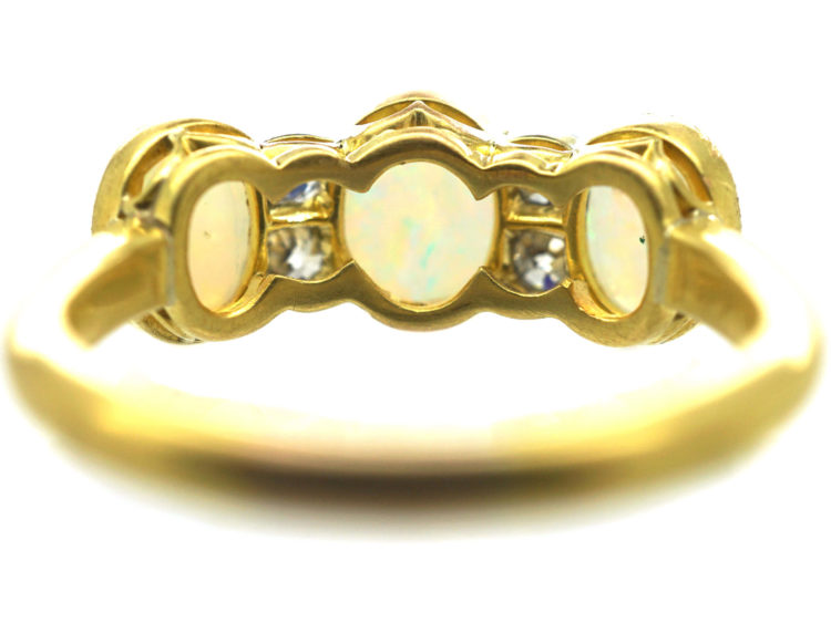 Edwardian 18ct Gold, Three Stone Opal & Diamond Ring