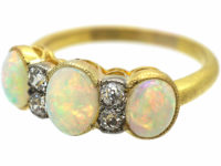 Edwardian 18ct Gold, Three Stone Opal & Diamond Ring
