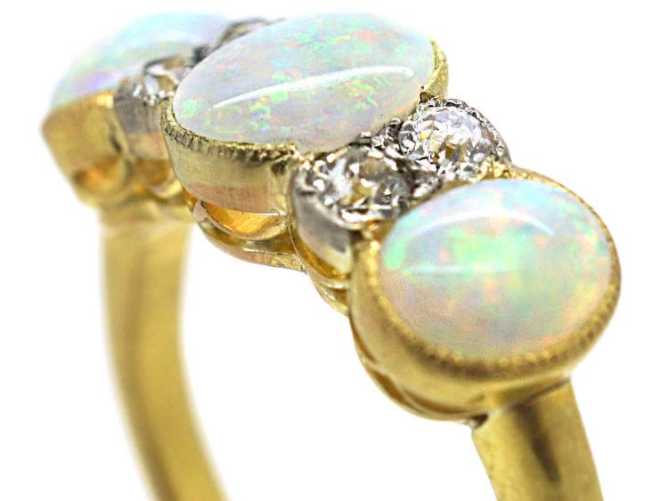 Edwardian 18ct Gold, Three Stone Opal & Diamond Ring