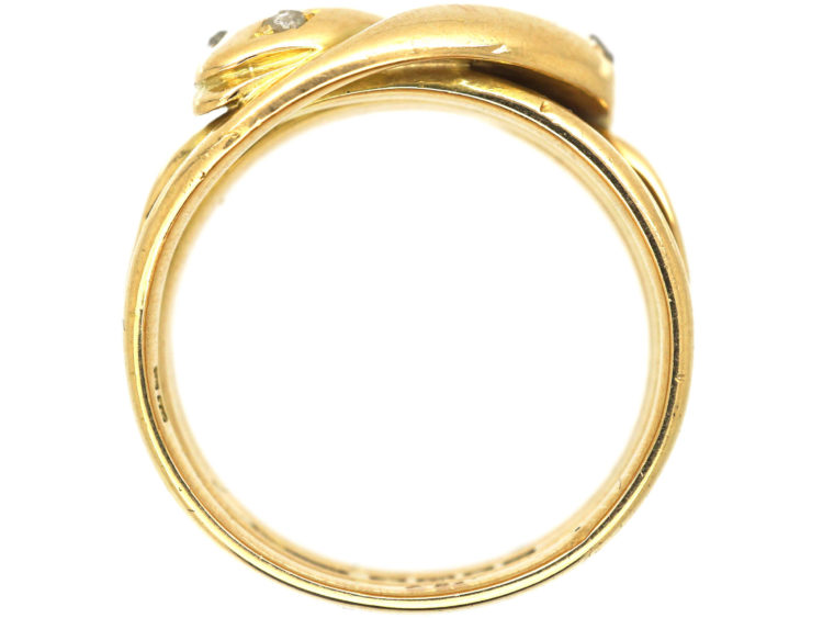 Edwardian 18ct Gold Double Snake Ring with Rose Diamond Eyes