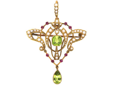 15ct Gold Suffragette Pendant set with Natural Split Pearls, Peridot & Rubies