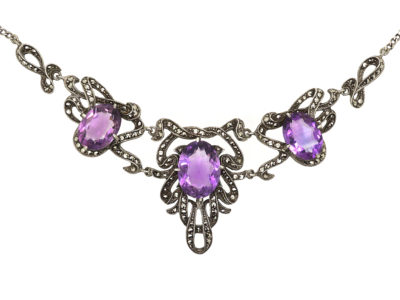 Art Deco Silver, Amethyst & Marcasite Ribbon Design Necklace