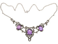 Art Deco Silver, Amethyst & Marcasite Ribbon Design Necklace