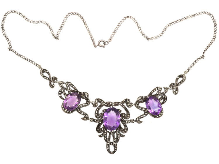 Art Deco Silver, Amethyst & Marcasite Ribbon Design Necklace