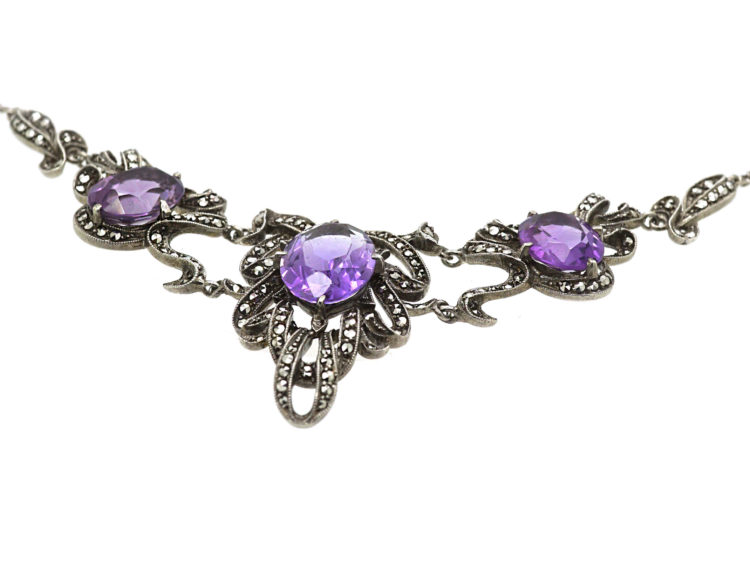 Art Deco Silver, Amethyst & Marcasite Ribbon Design Necklace