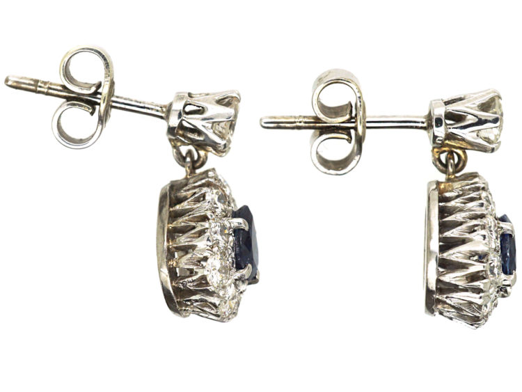 Edwardian 18ct White Gold Sapphire & Diamond Pear Shaped Drop Earrings