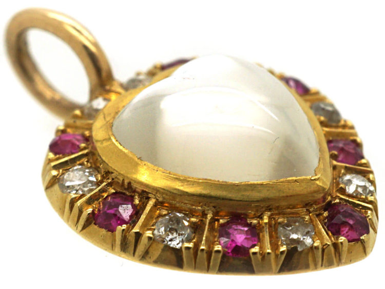 Edwardian 15ct Gold Pendant set with a Heart Shaped Moonstone, Rubies & Diamonds