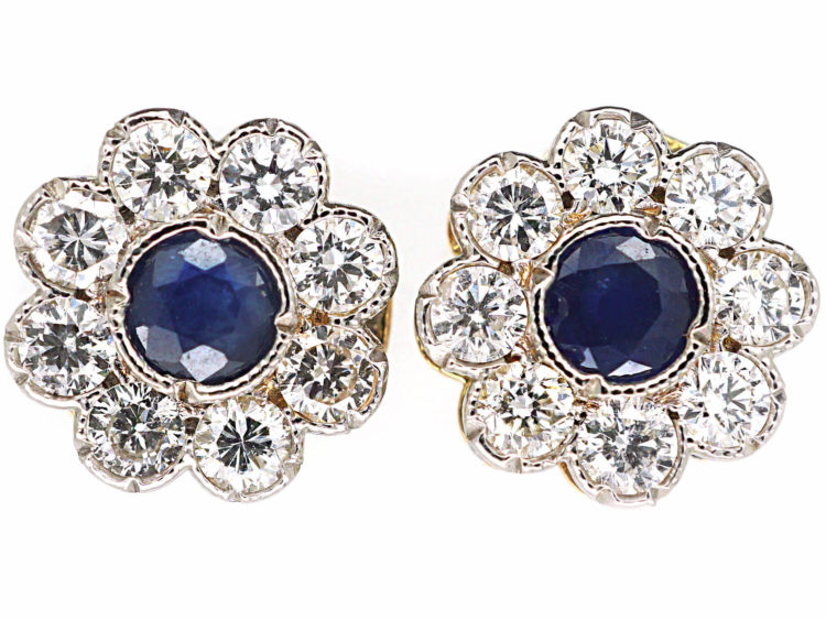 Edwardian 18ct Gold & Platinum, Sapphire & Diamond Cluster Earrings