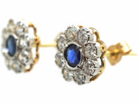 Edwardian 18ct Gold & Platinum, Sapphire & Diamond Cluster Earrings