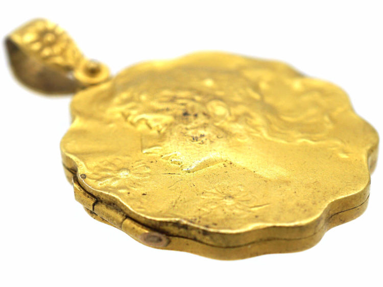 Art Nouveau 15ct Gold Locket of a Lady with Flowers