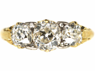 Victorian 18ct Gold Three Stone Diamond Carved Half Hoop Ring